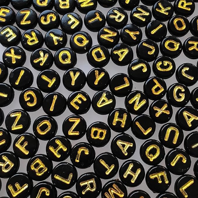 Amaney 1000pcs Gold Letter Beads 7×4mm Black Round Acrylic with Alphabet for Jewelry Making Bracelets Necklaces Key Chains