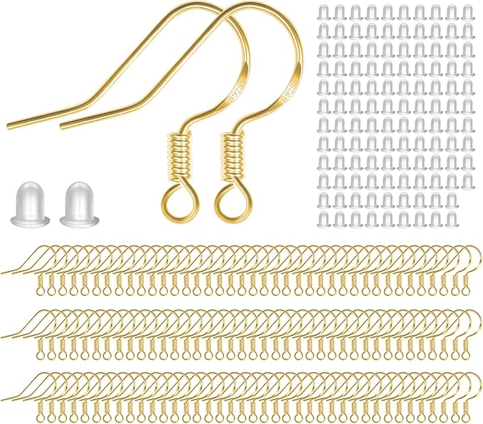 menkey 925 sterling gold earring hooks 120 pcs/60 pairs hypoallergenic ear wires fish hooks for jewelry making, jewelry findings parts with 120 pcs rubber earring backs stopper for diy earrings