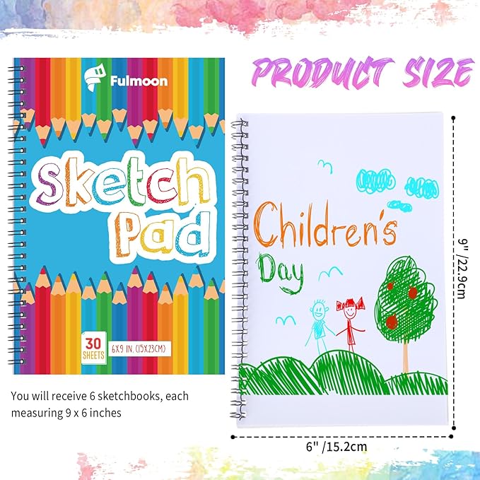 Fulmoon 6 Pcs Drawing Pad for Kids 30 Sheets Drawing Paper Coloring Sketch Book Art Supplies for Adults Crayons Pencils School Office Christmas Art Supplies, 6 x 9 Inch