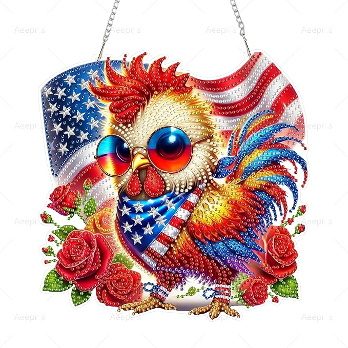 Aeepics Hanging Diamond Art Kit for Adult, DIY Diamonds Painting Pendant Ornament Kit, Acrylic Diamond Art Painting Board Kit (Rooster)