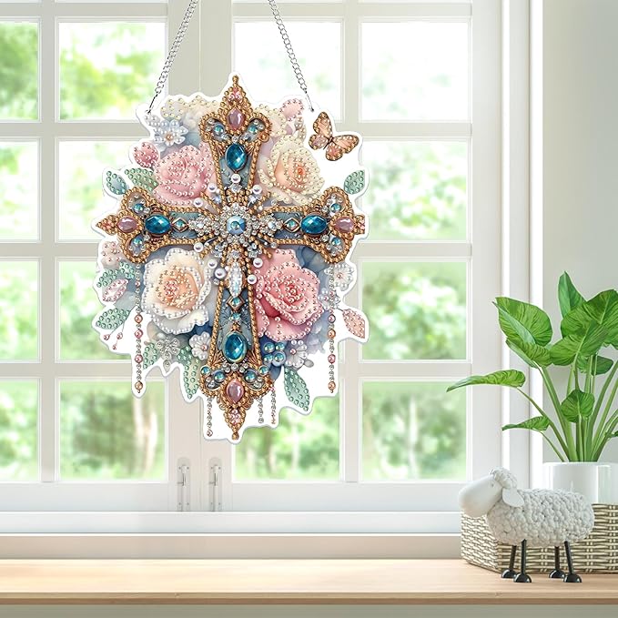 Bowetile Hanging Diamond Art Cross Kits for Adults, 5D Special Shape Diamond Painting Flower Kits, Cross Diamond Gem Art Suncatchers Painting Pendant Ornament for Home Garden Wall Decor