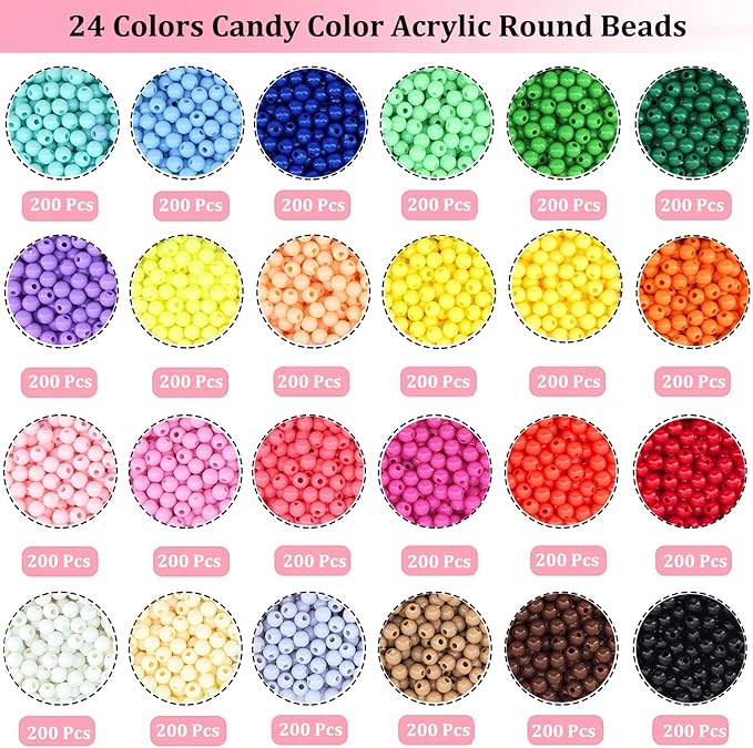 4800Pcs 4mm Acrylic Round Beads for Jewelry Making, 24 Colors Rainbow Round Beads for Bracelets Making Kit Candy Color Plastic Bubble Gum Beads Pastel Loose Beads Bulk for DIY Necklace Crafts
