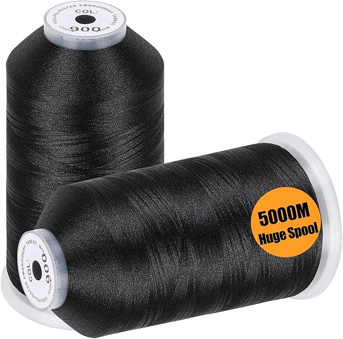 New brothread - 2 Huge Spools 5000M Each Polyester Embroidery Machine Thread 40WT for Commercial and Domestic Machines - Black