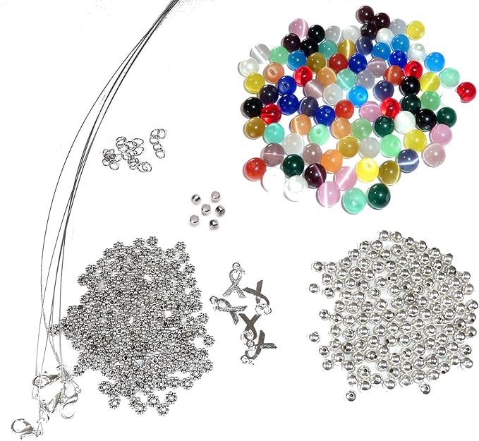DIY Craft Beading Kit, Everything to Make Cancer Awareness Bracelets, Uses Wire, Crimps and Clasps, Fundraising and Gifts (Multi Colored All Cancers 8mm Beads - Makes 5)