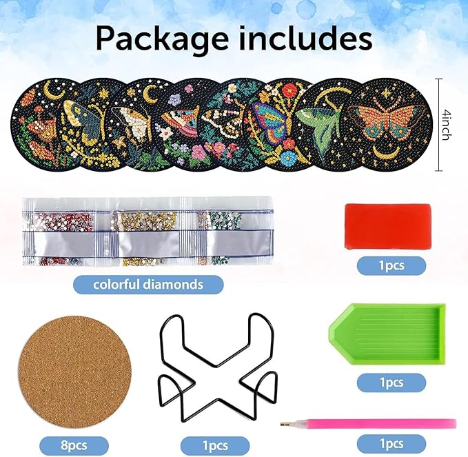 8 Pcs Diamond Art Coasters Kit with Holder, DIY Butterfly Diamond Painting Coasters for Beginners Adults, Non Slip Diamond Art Kits Craft Supplies 4x4inch