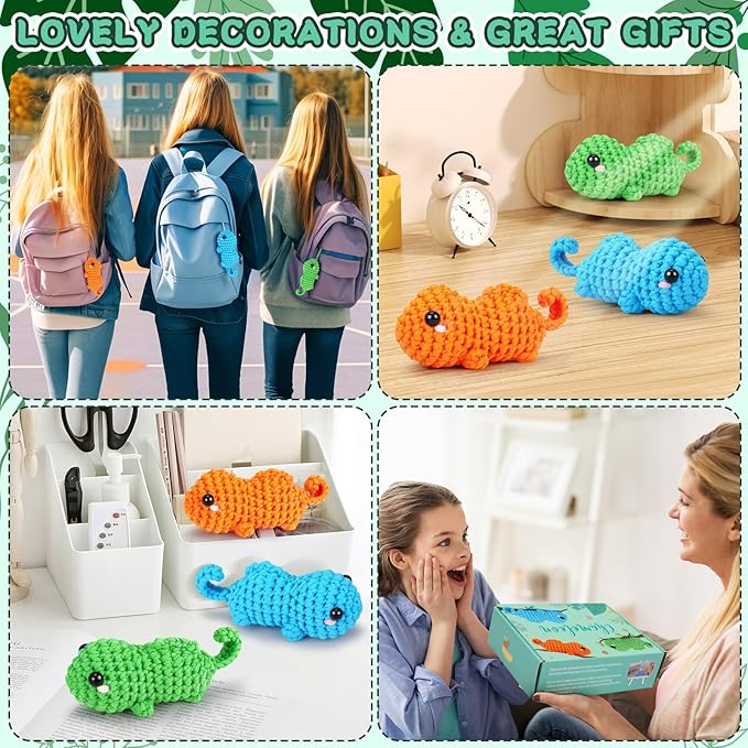 Fortuning's JDS Crochet Kit for Beginners - 3 PCS Baby Chameleon Crochet Kits with Step-by-Step Video Tutorials, Beginner Crochet Kit for Adults Kids, Chameleon Crocheting Set