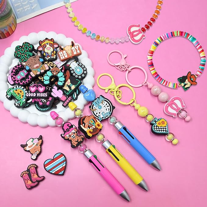 Silicone Focal Beads for Pens Cowboy Accessory Kit 30 Pcs Colorful Round Beads for Keychain Making Bracelet Necklace Handmade Crafts