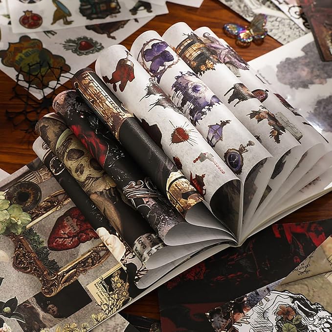 Dark Aesthetic Gothic Stickers 400 Pre-Cut Washi Stickers 20 Scrapbook Papers Horror Decals for Junk Journal Collage DIY Crafts Halloween Scrapbooking Sticker