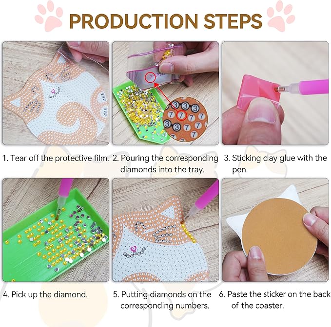Vcekract Diamond Painting Coasters Kits, 6 Pcs Cat Diamond Art Coasters with Holder, Crafts Kits for DIY Coasters, Diamond Art Kits for Adults