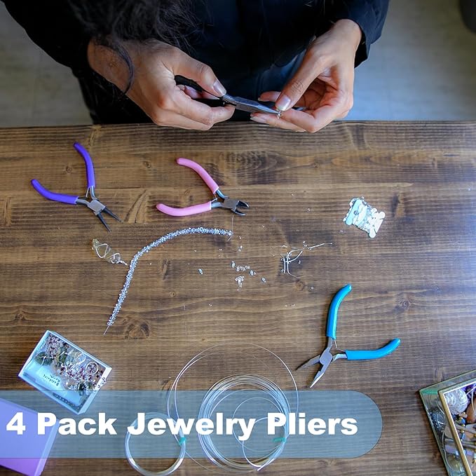 4 pack jewelry making pliers tools set, jewelry making needle nose chain nose round bent pliers wire cutter for bracelet beading diy craft jewelry making supplies