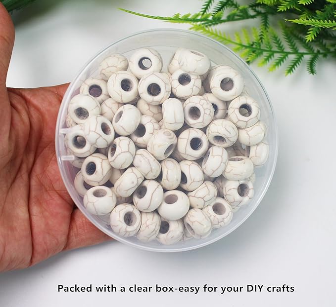 PAMIR TONG Large Hole Turquoise White Beads for Bracelet 100pcs European Gemstone Beads Howlite Rondelle Space Craft Beads for Pens-DIY Charms-Jewelry Making (White Large Beads)