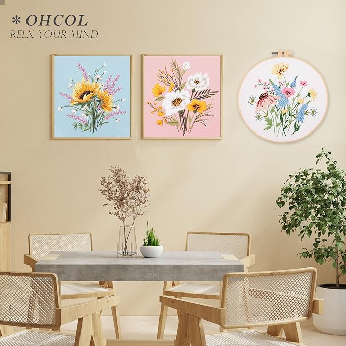 Ohcol 3 Sets Embroidery Kit,Cross Stitch Kits Needlepoint Kits for Adults Beginner,Needle Point Kits with Washable Pre-Printed Floral Pattern,Hoops,Women DIY Hand Crafts