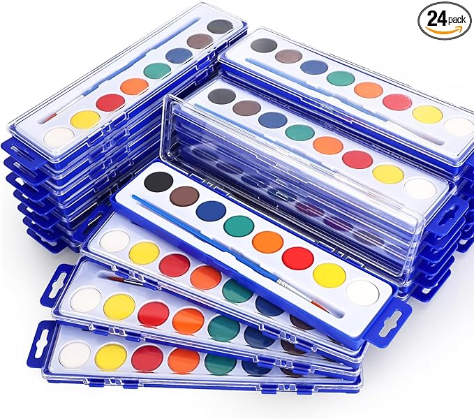 24 Pack Watercolor Paint Set, 8 Colors Watercolor Paint Set Bulk with Paint Brushes, Washable Paint, Art Supplies for Classroom, Parties
