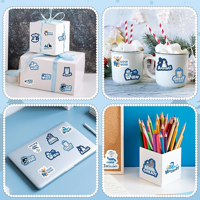 beyumi winter polar animal sticker - 1000pcs teacher reward stickers in 2 rolls cute arctic animal motivational positive xmas decal waterproof vinyl school classroom office bottle party decor for kids