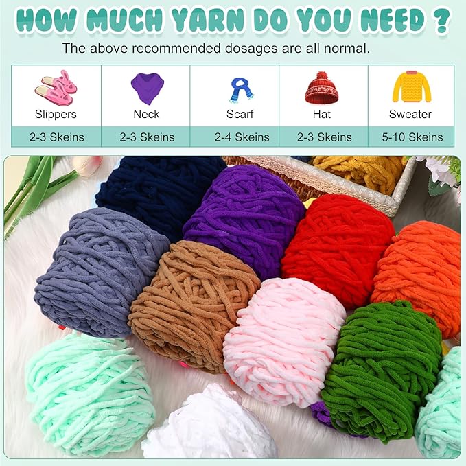 Buryeah Chunky Chenille Yarn for Crocheting Soft Thick Fluffy Yarn for Hand Knitting Bulky Velvet Blanket Plush for Weaving DIY Crafts Each 3.5 oz 55 Yards(Classic Colors,12 Pack)