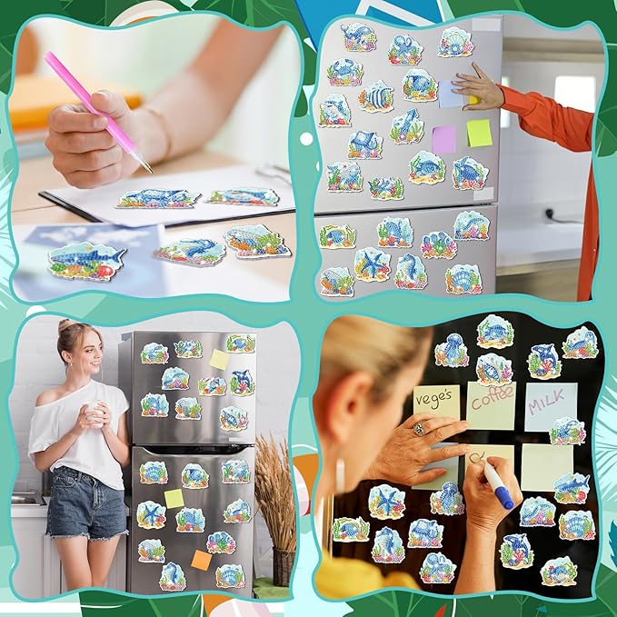 Xuhal 30 Pcs Summer Diamond Painting Magnets Ocean Animal Diamond Art Magnet Kits for Adults 5D Rhinestone Beach Under The Sea Animal Refrigerator Magnetic Sticker for DIY Craft Fridge Ocean Gifts