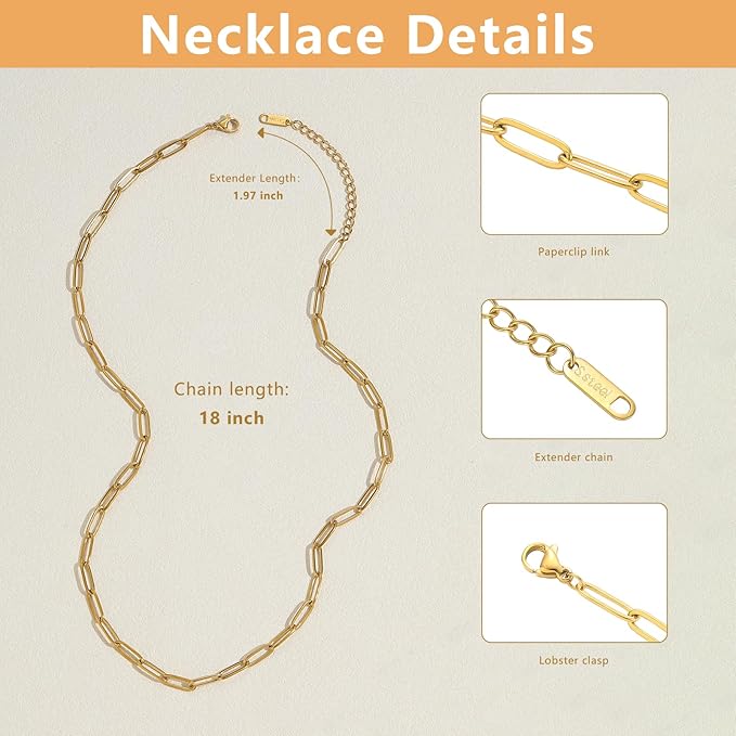Swyabi 10 PCS Gold Plated Necklace Chains Bulk 18Inch Stainless Steel Paperclip Chain with Extender for Jewelry Making