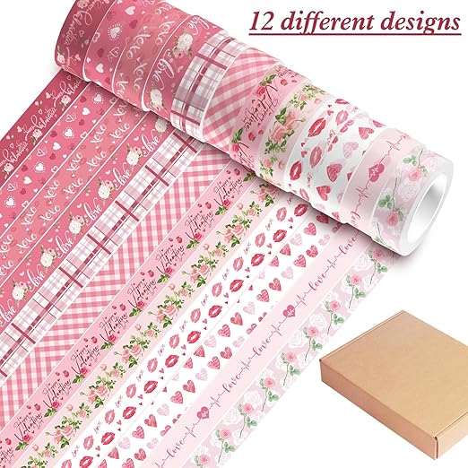 Konsait 12 Rolls Washi Tape Set Valentine Washi Tape Heart Washi Tape Stickers Valentine Decorations Valentines Day Crafts Supplies for Journaling, Scrapbooking, and Wrapping Total 196.9 ft