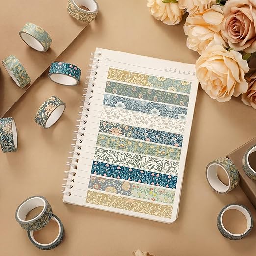 12 Rolls Watercolor Floral Washi Tape Set 15 mm Vintage Flower Decorative Masking Tape for Spring Arts DIY Craft Scrapbook Journal Supplies Gift Wrapping(Earthy Tones,William Morris)