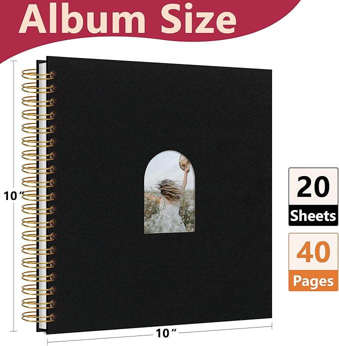 Vienrose 10X10 Inch DIY Scrapbook Album Linen Arch Window Photo Album 40 Blank Pages Scrap Book Photo Albums for Wedding Baby Shower, Black