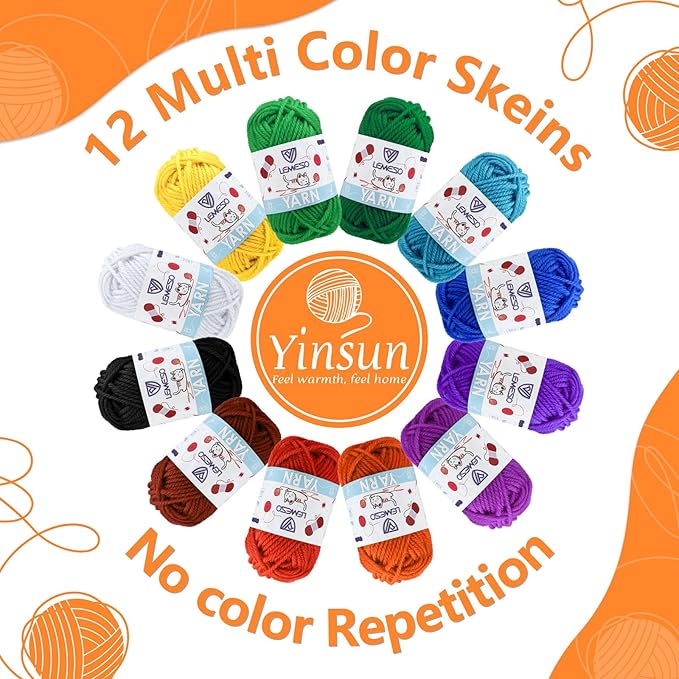 Yinsun 12 Acrylic Yarn Skeins, 12 Colors Starter Mini Crochet Bulk Yarn for Child, Adult Knitting Crochet Crafts (12 x 15g)