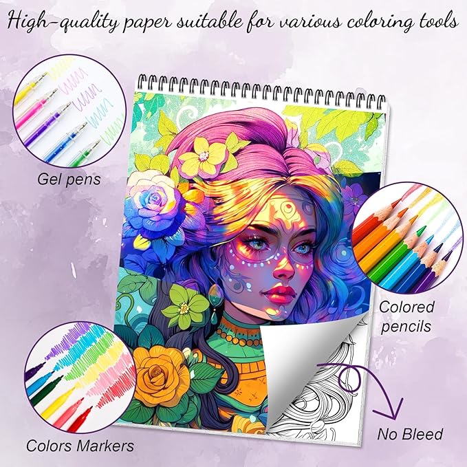 Sugar Skull Coloring Book for Adult Women Relaxation, Spiral Bound, Printed Single-Sided, Adult Coloring Book for Women with 24 Pages Arts and Crafts Sugar Skull Mindfulness Gift