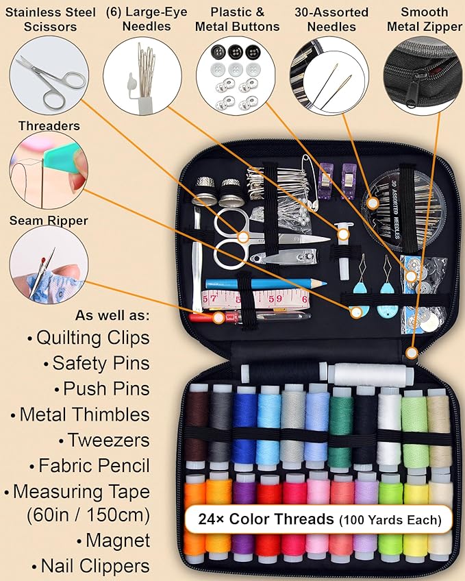 Vellostar Sewing Kit for Adults & Beginners – Portable Needle & Thread Travel Kit w/ 24 Thread Colors, Needles, Scissors & Tape Measure for Emergency Clothing Repairs, Buttons, Hemming & Home Mending