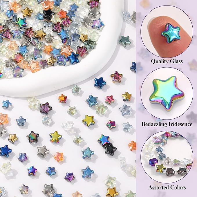 200PCS 8MM & 10MM Glass Star Beads Bedazzling Irisedent Glass Beads,Crystal Star Beads,Eletroplated Mixed Colors Cute Bead for Necklace Bracelet Jewelry Making,Spacer Beads Bulk for Crafting & DIY
