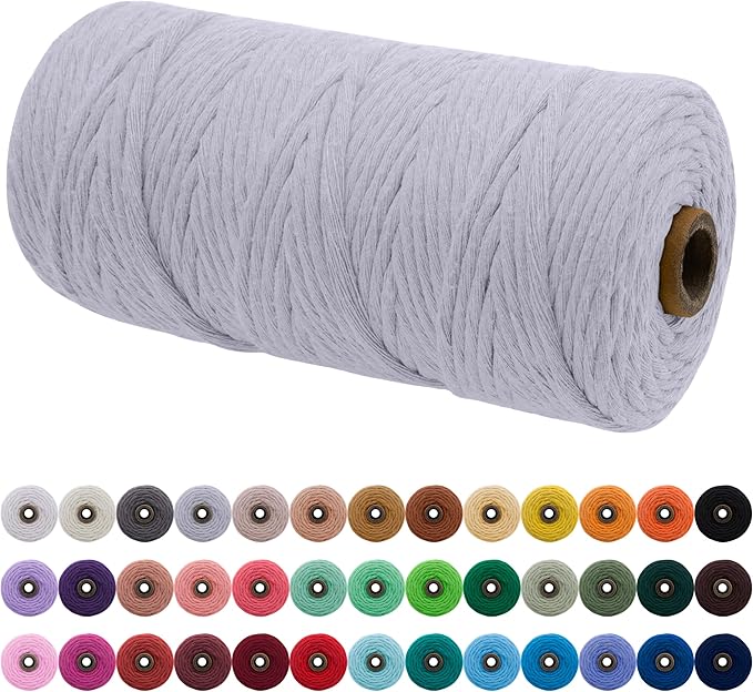 JeogYong Single Strand Macrame Cord 3mm x 109 Yards (328 Feet) Soft Cotton Rope Macrame Yarn 3 mm Macrame Cord, Macrame Supplies for Crafts Wall Hangings Plant Hangers Decorations (White Gray)