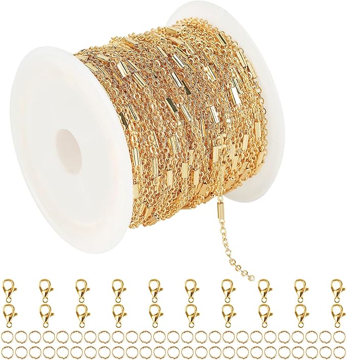 32.8ft 18K Gold Plated Jewelry Making Chain Bulk with 50pcs Jump Rings and 20pcs Lobster Clasps, Solid Brass Tube Bar Cable Link Chain Necklace Bracelet DIY Craft Chains