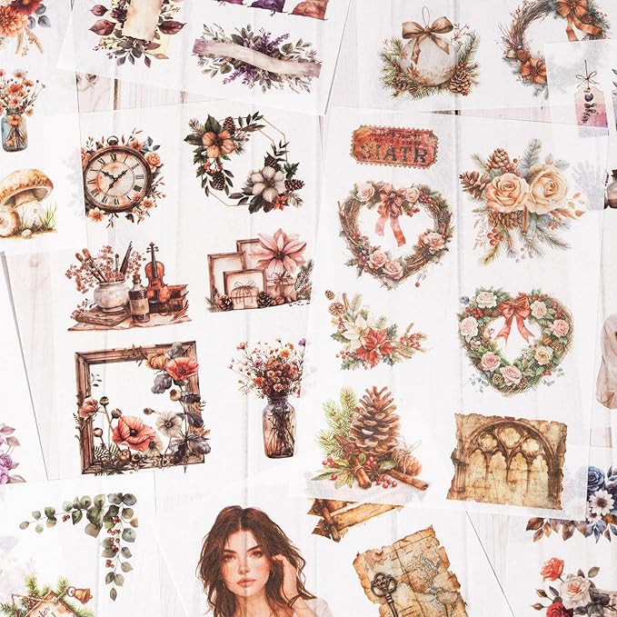 Stickers for Journaling, 20 Sheets Flower Junk Journal Sticker, PET Washi Materials Scrapbooking Supplies for Adults, People Women Planner Decorative Art Crafts