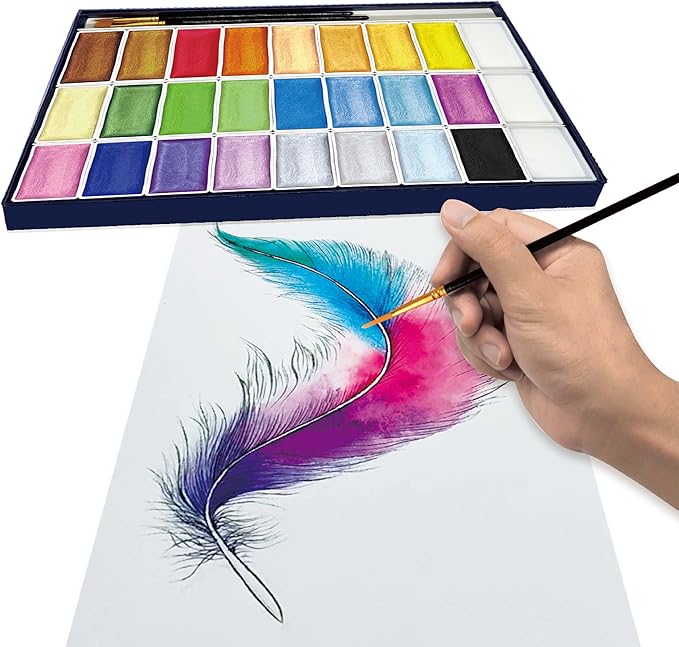 6ML Shimmer Watercolor Paint Set, 24 Colors Glitter Metallic Watercolour Painting Sets, Solid Pearl Water Color Paints for Artists, Amateur Hobbyists and Painting (24 Colours)