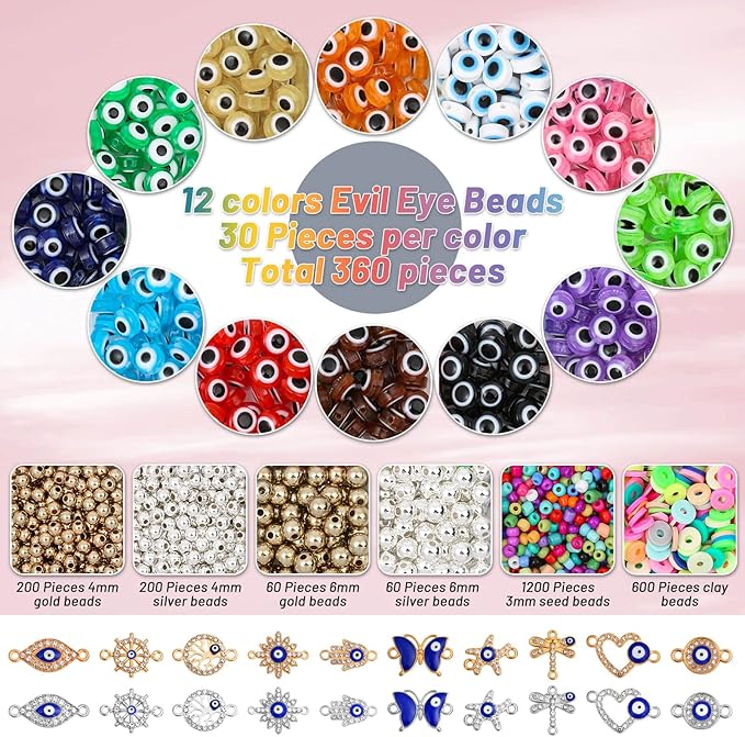 Acejoz 2702 Pieces Bracelet Making Kit, Including Evil Eye Beads, Evil Eye Charms, Assorted Beads and Elastic String for Bracelets