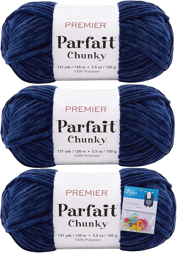 Premier Yarns Parfait Chunky Chenille Yarn 3.5 Oz Super Bulky Weight 3 Pack Bundle with Bella's Stitch Place Holders (Navy)