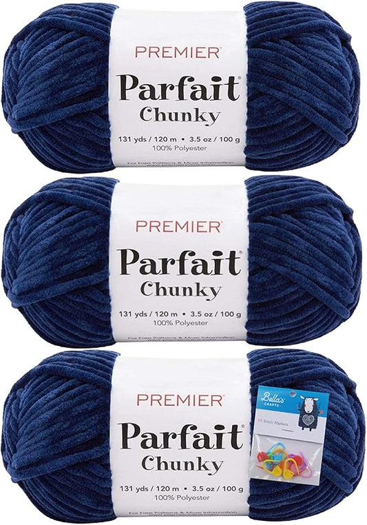 Premier Yarns Parfait Chunky Chenille Yarn 3.5 Oz Super Bulky Weight 3 Pack Bundle with Bella's Stitch Place Holders (Navy)