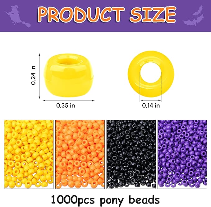 Halloween Pony Beads Bulk 1000 Pcs, Colorful Kandi Beads for Bracelets Jewelry Making, Plastic Hair Bead for Braids for Craft, Gifts for Friend(Black, Orange, Purple,Yellow)
