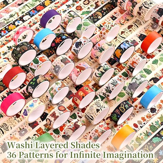 36 Rolls Animal Theme Washi Tape Set, Colorful Cute Adorable Animals Writable Decorative Tapes for Scrapbooking, Junk Journal Supplies, Bullet Journaling, 0.6"x79" per Roll