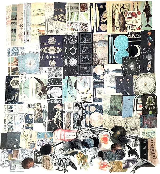 Esweny 200 Pieces Vintage Ephemera Scrapbooking Supplies Pack for Journaling, Decoupage Paper Scrapbook Stickers Kit for Junk Journal Planners Collage Craft Notebooks Album (Space and Sea)