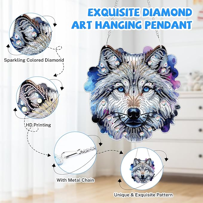 Bowetile Wolf Diamond Art Hanging Kits for Adults, 5D Special Shape Diamond Painting Animals Kits, Animal Gem Art Suncatchers Painting Pendant Ornament for Home Garden Wall Decor