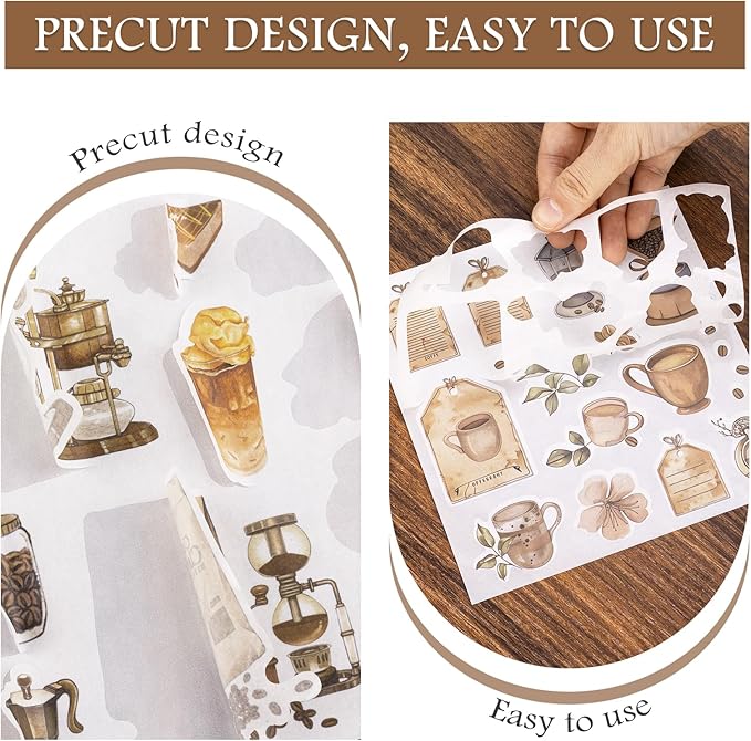 RISYPISY Pre-Cut Coffee Sticker for Scrapbooks 50 Sheet-558pcs Washi Journaling Stickers Ephemera for Junk Journal Supplies Scrapbooking Supplies for Bujo Planner Collage Crafts