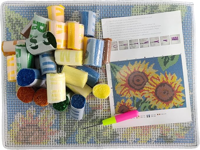 ZFFLYH Latch Hook Rug Kits DIY Needlework Unfinished Crocheting Rug Yarn Cushion Mat for Kids/Adults with Printed Canvas Pattern, 52X38cm Sunflower