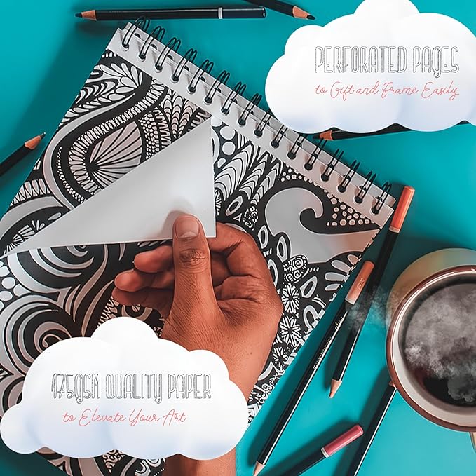 Calming Doodles Adult Coloring Book - Features 50 Original Hand Drawn Anti-Stress Zentangle Designs Printed on Artist Quality Paper with Hardback Covers, Top Spiral Binding, Perforated Pages, and Bonus Blotter by ColorIt