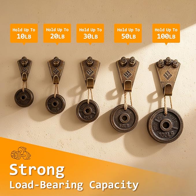 KURUI Bronze Picture Hanging Kit, Heavy Duty Wall Hangers Set with Brass Hooks, Nails, Wire and Mini Level, Assorted Sizes, for Frames, Posters, Art, Canvas, Home Decor, 69 Pcs
