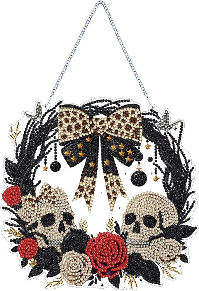 Diamond Art Kit for Adults, Special Shaped Crystal Skull Pendant, Halloween Diamond Painting Suncatcher,DIY Rose Ornament Hanging Art Acrylic Board Wreath, DIY Home Decor, 7.7 Inch