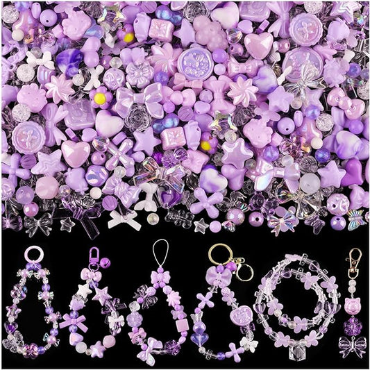 200-260pcs tinkrstuff assorted purple acrylic beads for bracelet making, cute beads for jewelry making flower bow butterfly candy gummybear aesthetic bracelet charms, diy necklace keychain phone charm