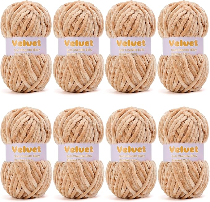 Velvet Yarn Chenille Yarn for Crocheting and Knitting Soft Chenille Bulky Baby Blanket Yarn DIY Weaving Craft 8pack Camel(4oz 66yds Each)