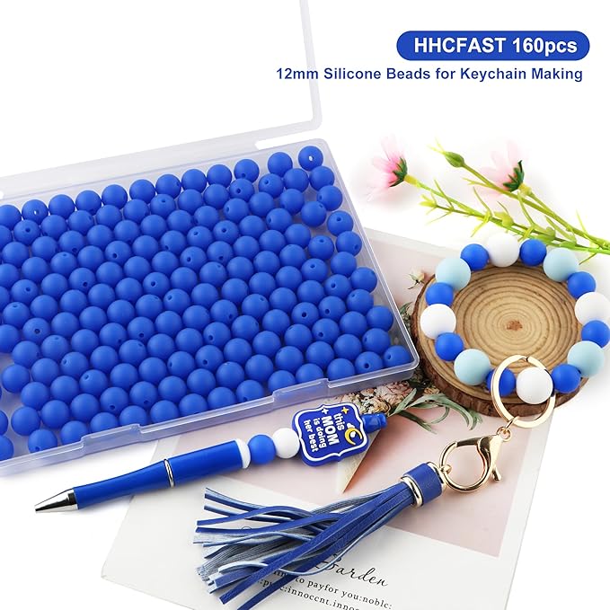 160Pcs 12mm Silicone Beads for Keychain Making Bracelet Necklace, Bulk Round Silicone Beads for Pens（Royal Blue）