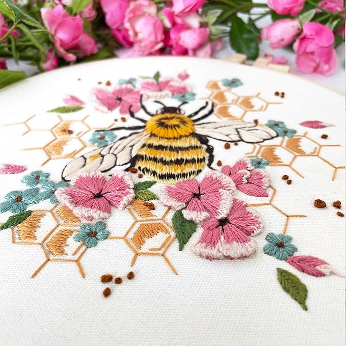 Myfelicity Eembroidery kit for Beginners Adults, 3-Piece Bee and Butterfly Floral Designs,Including Tools Handmade Embroidery Hoop Art Set (red)