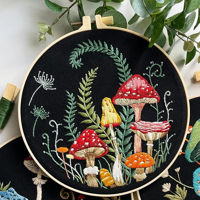 Myfelicity Embroidery Kit with Mushroom Patterns, 3 Hoops, Fabric, Threads, Needles, Instructions (red)