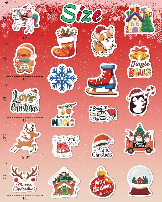 300 pcs christmas stickers for kids, christmas party favors stocking stuffers vinyl water bottles stickers crafts gifts for classroom students holiday sticker for kids teens adults